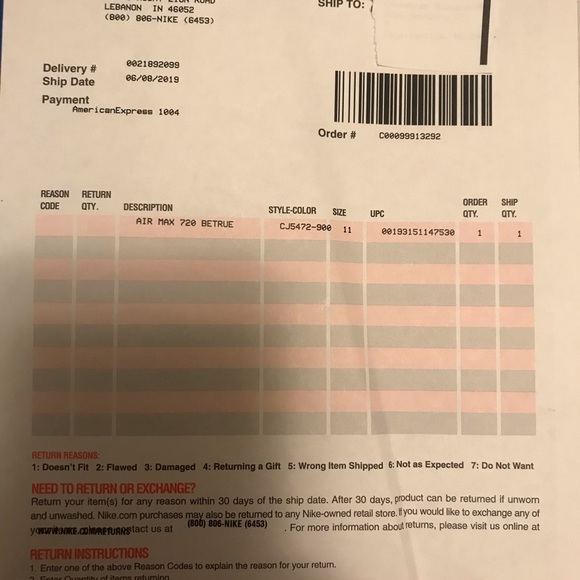nike return reason codes